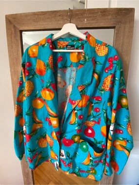 Vintage 80s Fruit Tropical Print Oversized Turquoise Funky Tailored Blazer